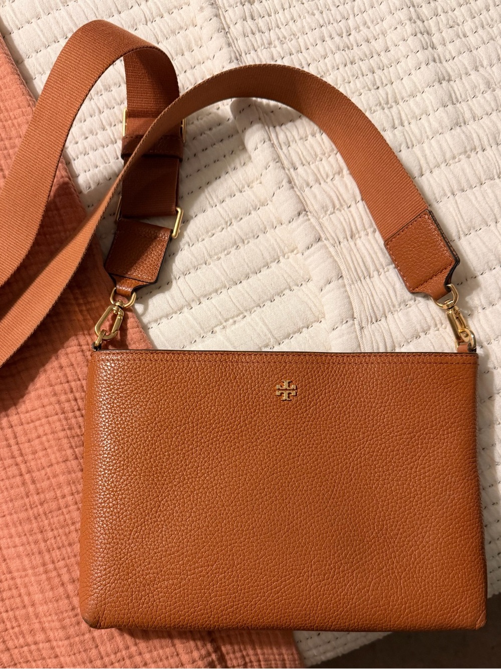 Tory Burch Pebbled Leather Crossbody Bag in Cognac Brown with Gold Hardware